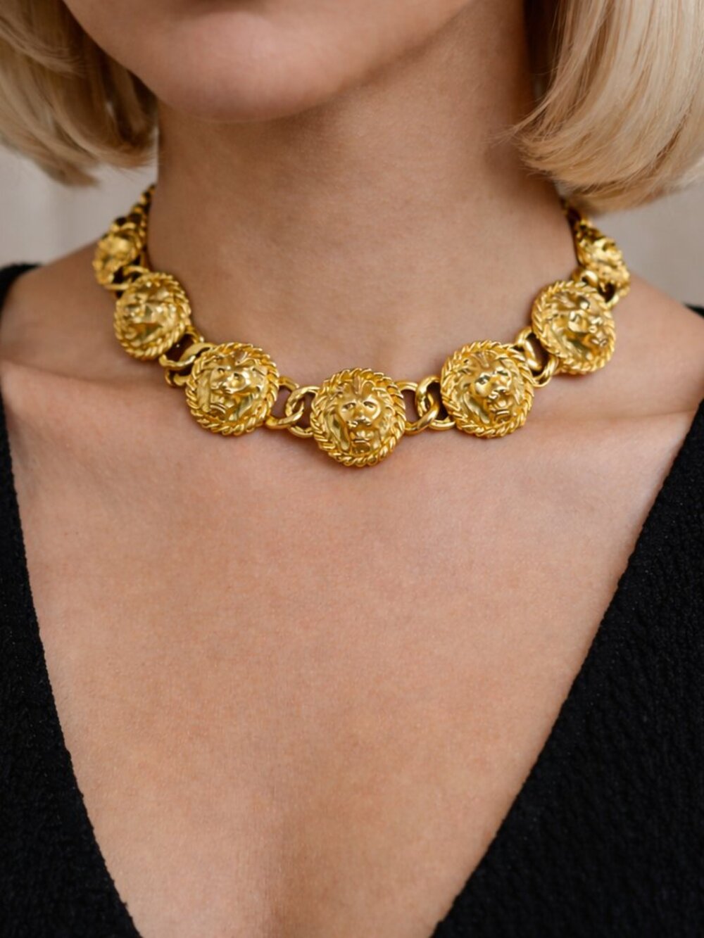 Vintage Gold Lion Head Statement Choker Necklace Runway Inspired